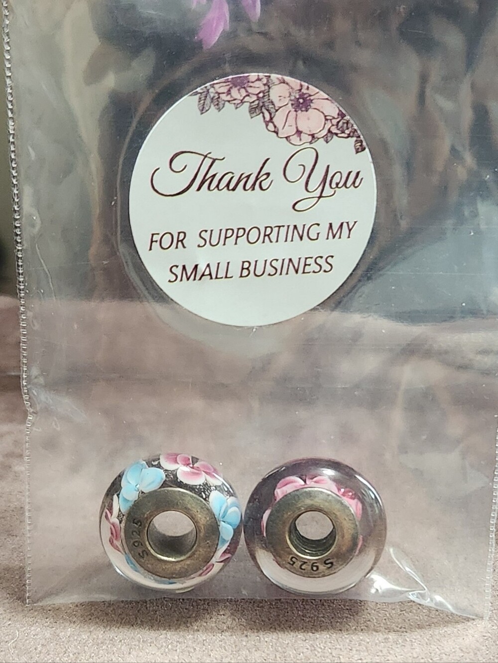 Two (2) Floral Glass Beads - Pink & Blue Floral European Charms